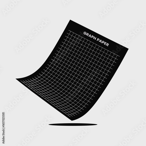 black vector silhouette of a rectangular sheet of graph paper with visible grid lines, slightly angled for depth, flat minimal style, centered on white background