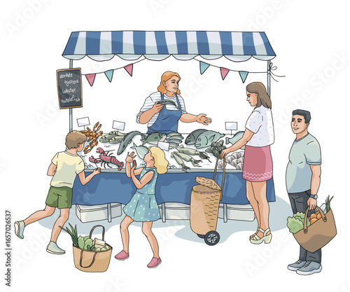 market scene with man and women buying fish from local vendor. Market stall is filled with variety of fish and seafoods. Hand drawn outline colour vector illustration