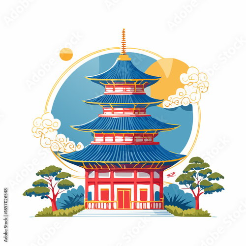 Illustration of Majestic Pagoda in Traditional Ukiyo-e Style Art : A stunning Ukiyo-e inspired pagoda artwork with vibrant blue, red, gold, and white details.