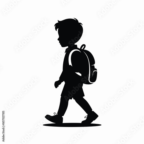  black vector silhouette of a schoolboy walking with a backpack on his back, simple clean lines, slightly angled for dynamic perspective, flat minimal style