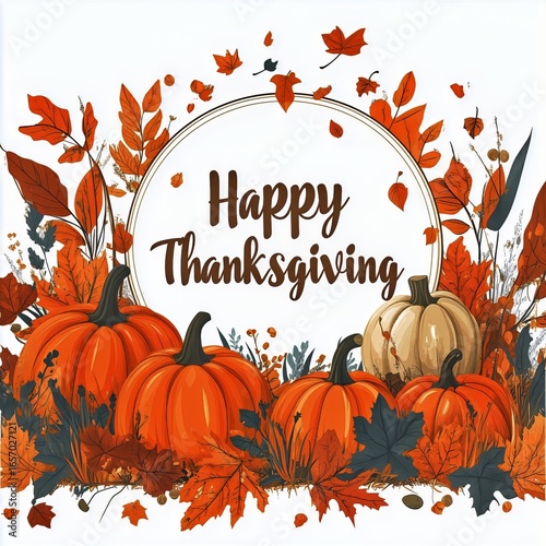 Autumn Celebration With Pumpkins and Leaves Wishing Happy Thanksgiving in War...