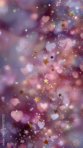 Colorful Hearts and Stars Against a Soft Purple Background in a Dreamy Pattern