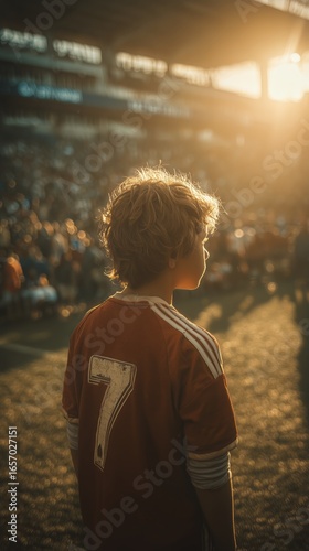 Young Fan Watches Football Game at Stadium During Sunset With Crowd in Backgr...
