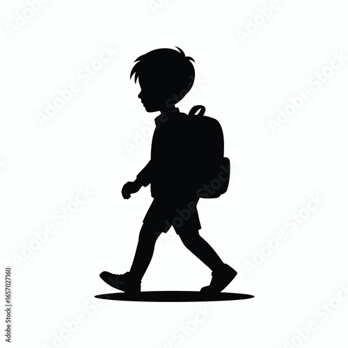  black vector silhouette of a schoolboy walking with a backpack on his back, simple clean lines, slightly angled for dynamic perspective, flat minimal style