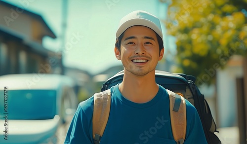 Smiling Traveler With Backpack Walking Through Sunny Street in Bustling City ...