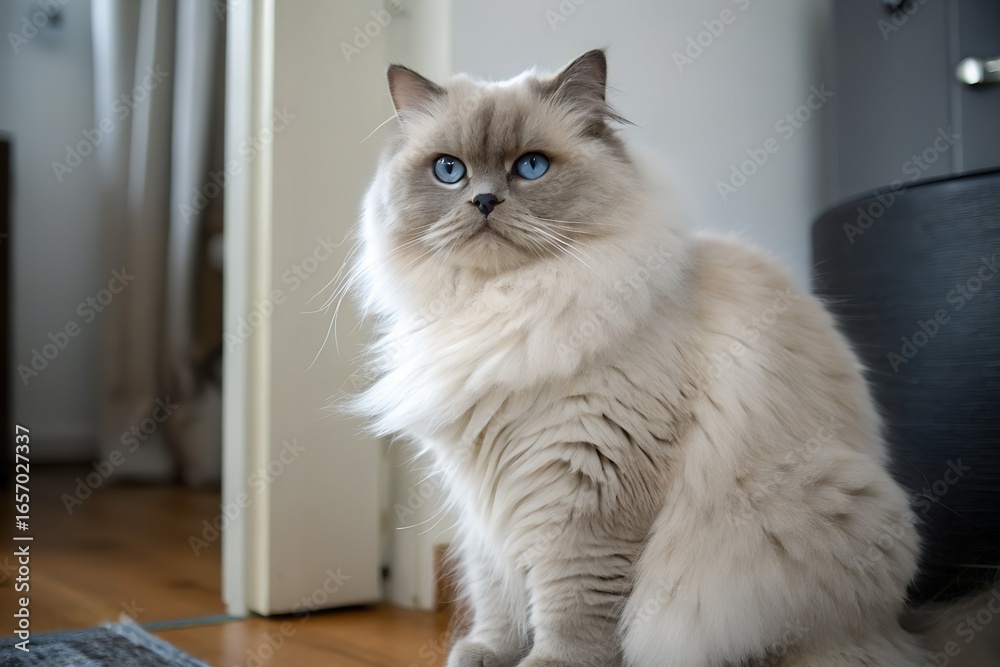 Fototapeta premium Majestic ragdoll cat with striking blue eyes sits calmly indoors looking directly at the camera