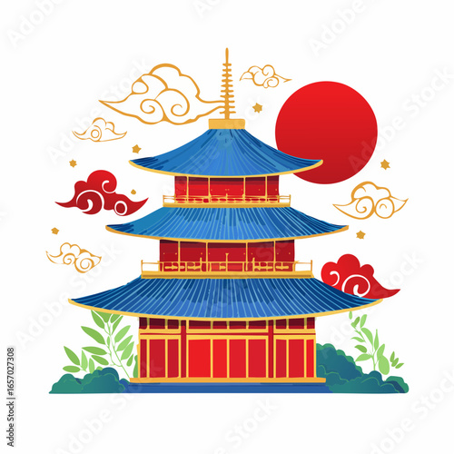 Illustration of Majestic Pagoda in Traditional Ukiyo-e Style Art : A stunning Ukiyo-e inspired pagoda artwork with vibrant blue, red, gold, and white details.