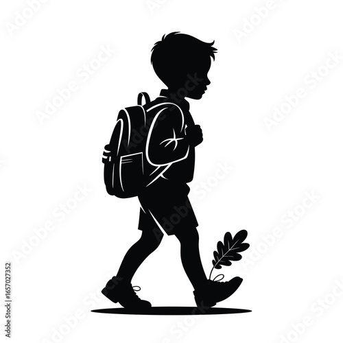  black vector silhouette of a schoolboy walking with a backpack on his back, simple clean lines, slightly angled for dynamic perspective, flat minimal style