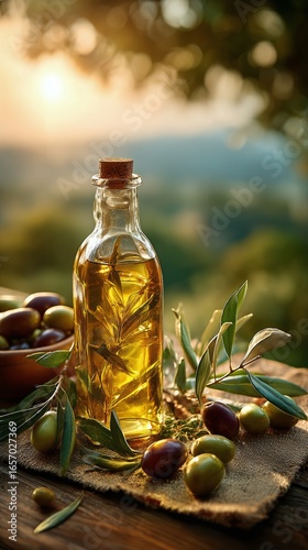 Olive Oil Bottle Surrounded by Olives and Leaves in a Sunlit Setting.
