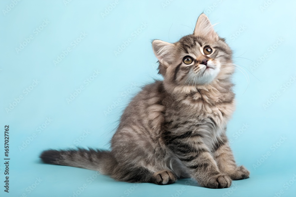 Obraz premium Adorable fluffy siberian forest cat kitten with striking eyes sits attentively on a pastel blue background