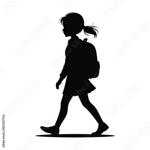black vector silhouette of a schoolgirl walking with a backpack, hair slightly flowing, simple clean lines, slightly angled for dynamic perspective, flat minimal style