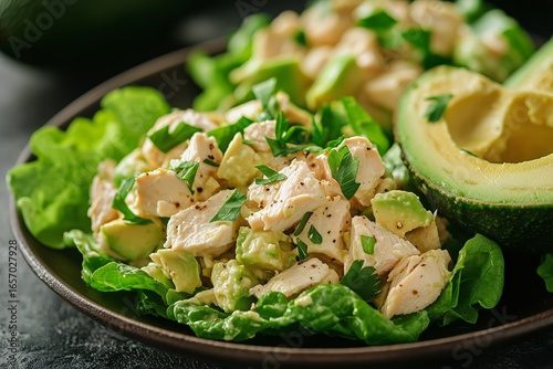 Fresh Salad With Chicken and Avocado on a Dark Textured Background for Health...