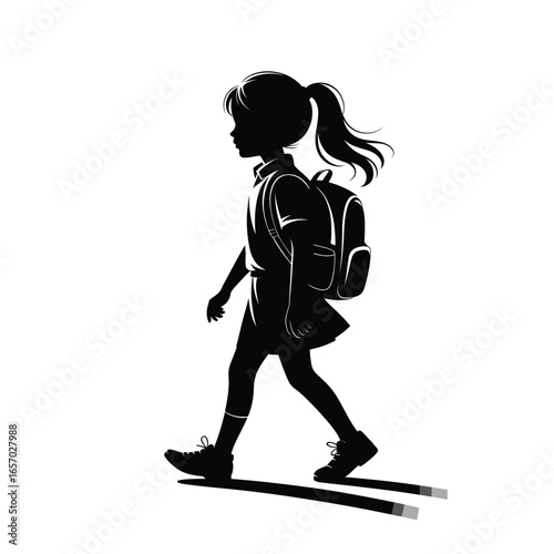 black vector silhouette of a schoolgirl walking with a backpack, hair slightly flowing, simple clean lines, slightly angled for dynamic perspective, flat minimal style