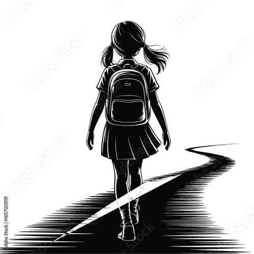 black vector silhouette of a schoolgirl walking with a backpack, hair slightly flowing, simple clean lines, slightly angled for dynamic perspective, flat minimal style