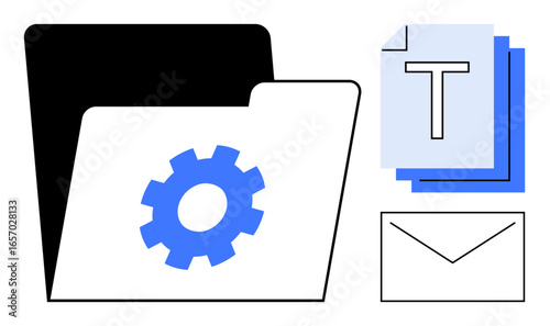 Open folder with gear symbol, text documents, and envelope icon. Ideal for data organization, management, document storage, automation, communication, workflow optimization and simple landing page