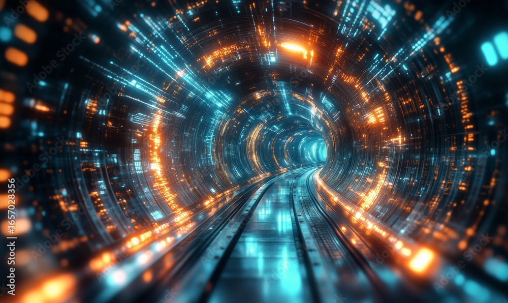 Obraz premium Futuristic Tunnel With Illuminated Pathways and Glowing Effects at Nighttime.