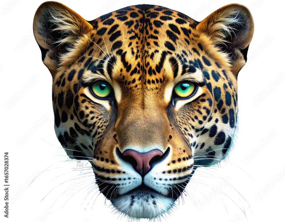 Fototapeta premium Cosmic Jaguar Portrait with Glowing Teal Swirls and Starry Effects Isolated on Transparent Background