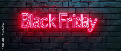 Bright Neon Sign Displaying Black Friday on a Brick Wall During Evening Hours.