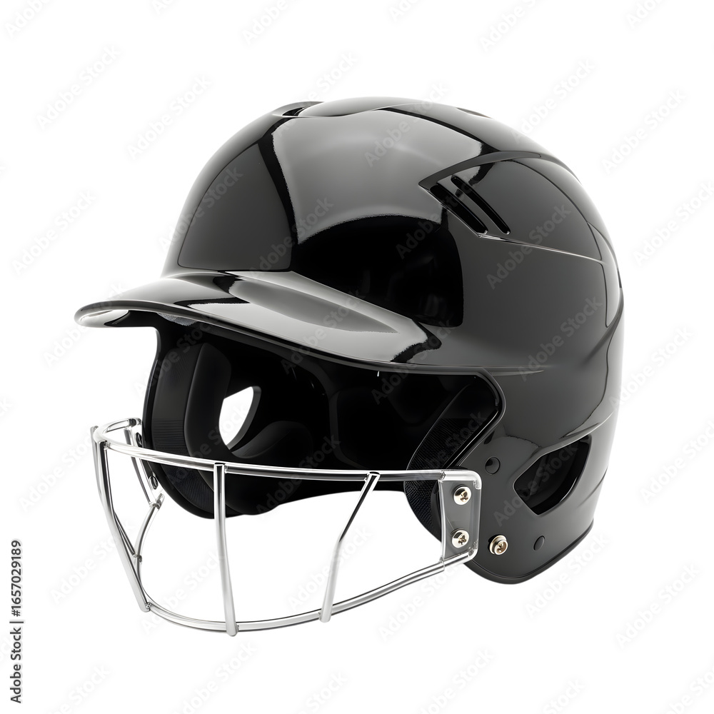 Fototapeta premium A professional studio shot of a modern black baseball batting helmet with an integrated faceguard, completely isolated on a transparent background.
