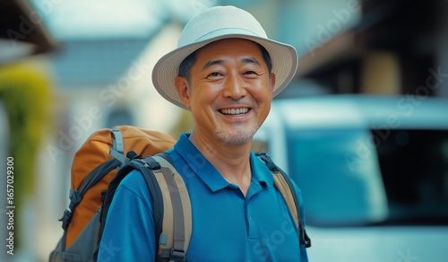 Smiling Traveler With Backpack Walking Through Sunny Street in Bustling City ...