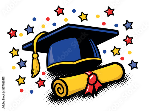 Graduation cap and certificate scroll on festive background. Vector art