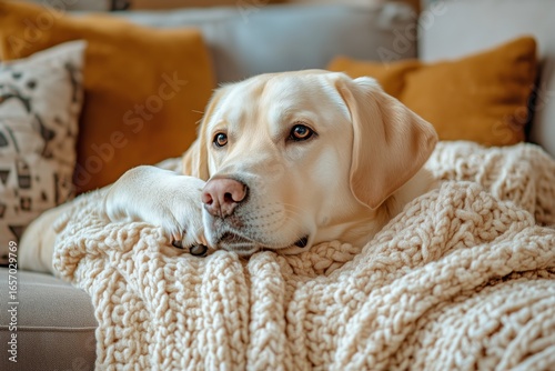 Relaxing Dog Resting on Cozy Blanket in a Warm Living Room During the Afternoon