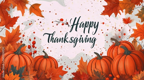 Thanksgiving Decor Featuring Pumpkins and Autumn Leaves Creates a Festive Atm...