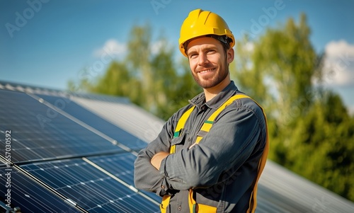 Smiling Solar Technician Standing Confidently Near Solar Panels on a Sunny Da...