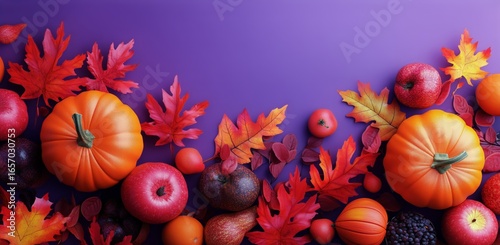 Vibrant Autumn Display Featuring Pumpkins, Apples, and Colorful Leaves on a P...