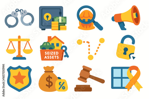 Law enforcement flat icon set. police, justice, crime prevention flat collection