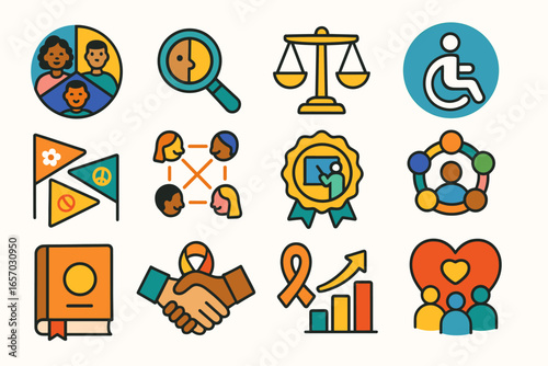Diversity, inclusion flat icon set. community, accessibility, support icons collection