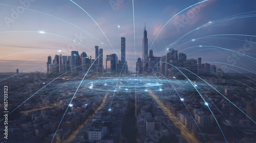 Aerial view of a futuristic city skyline with glowing network connections and digital data streams