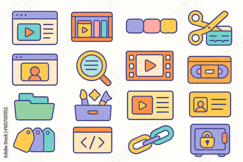 Multimedia, video, and media outline icon set. web, interface, streaming, broadcast icons