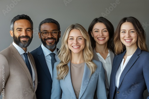 Group of Business Professionals Posing Together in a Modern Office Setting Du...