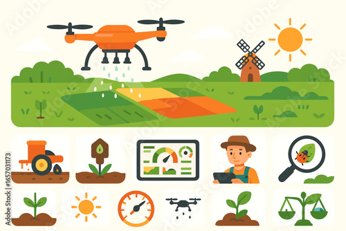 Agriculture technology flat icon set. farm, drone, sustainable farming tools