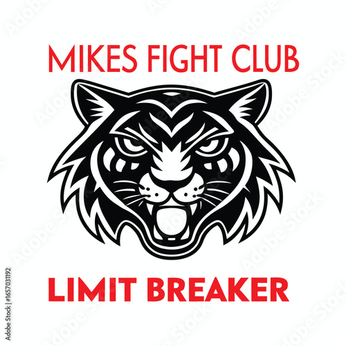 Fierce tiger head emblem with mikes fight club and limit breaker text for sports teams and gaming brands