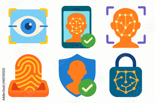 Biometric identification flat icon set. facial, fingerprint recognition icons collection