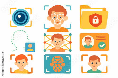 Facial recognition flat icon set: security, identity, access icons for digital interfaces
