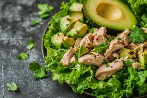 Fresh Salad With Chicken and Avocado on a Dark Textured Background for Health...