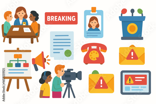 Communication and media flat icon set. news, reporting, broadcasting icons collection