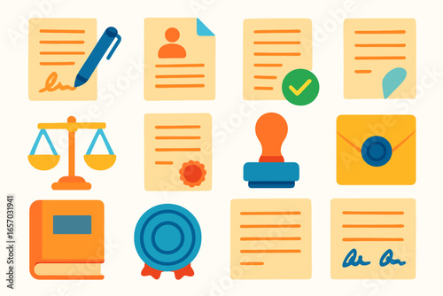 Legal, document flat icon set. contracts, stamps, scales, letters flat icons collection