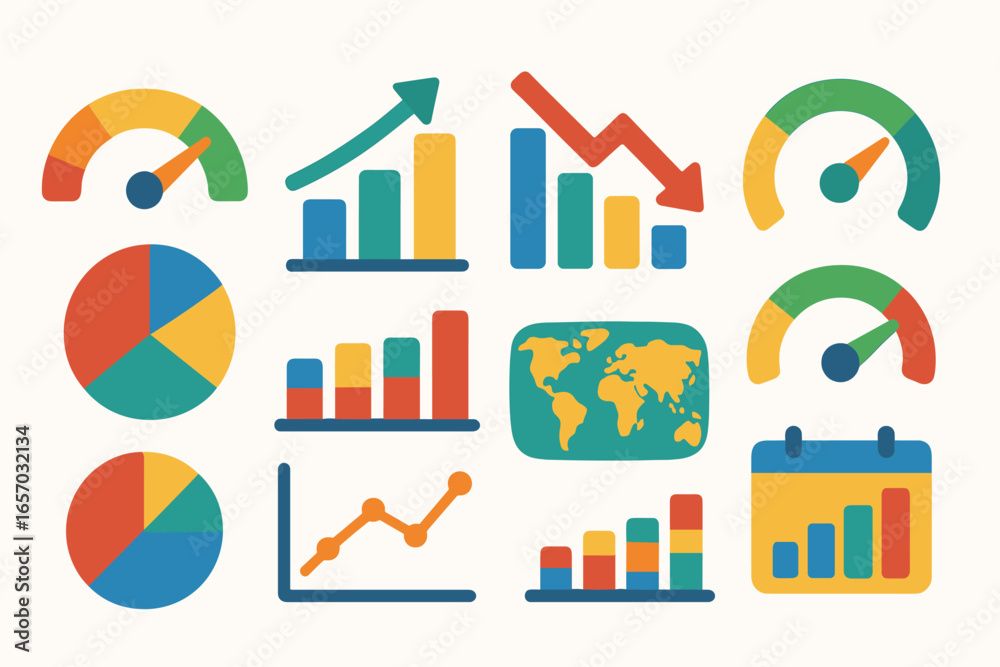 Obraz premium Data analysis flat icon set. graph, chart, statistics, metrics, report icons collection