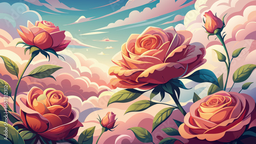 Close up delicate heavenly roses bloom against a cloudy sky background, elegance glowing softly, flowers radiating ethereal charm, clouds drifting gently, cloudy day atmosphere embracing softness, ele