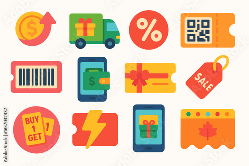 E-commerce, shopping flat icon set. retail, sale, barcode icons flat collection