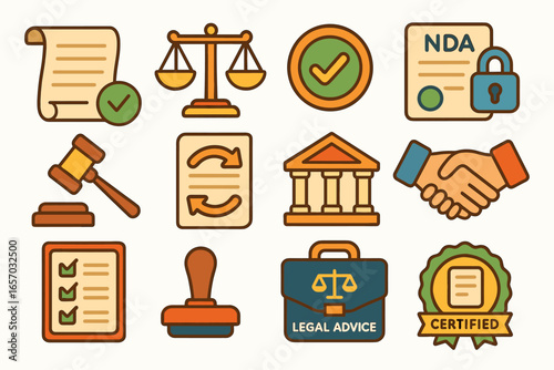Legal, law flat icon set. judicial, contract icons in flat style collection