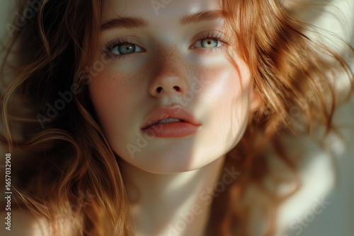 Close-up of a Young Woman With Natural Beauty and Wavy Hair in Soft Lighting.