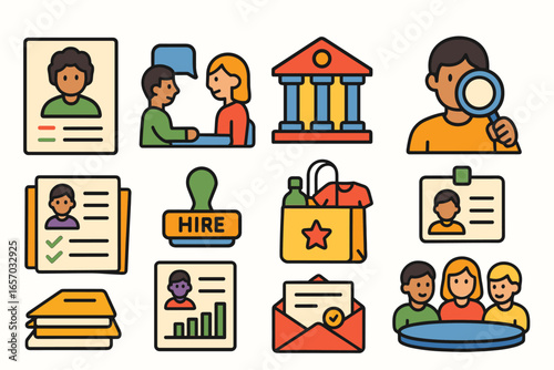 Business and recruitment flat icon set. hiring, employee icons outline collection