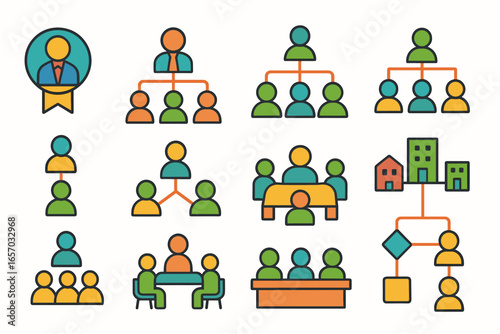 Business organization flat icon set. teamwork, management icons collection