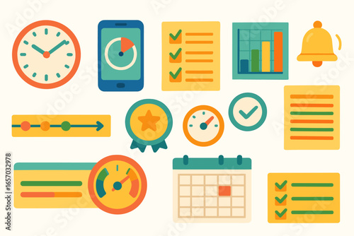 Productivity, task management flat icon set. timely organization tools collection