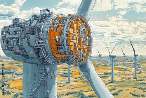 Wind Turbine Design Showcasing Intricate Technology and Vast Landscape Beneat...